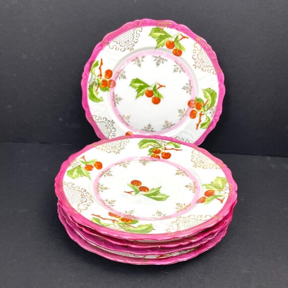 Set of 5 Vintage RS Prussia Dessert Saucers Cherry Design (4 Good + 1 Damaged) - Picture 1 of 10